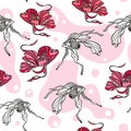 Vector floating fish seamless pattern. Graceful contour and colored fish on a background of pink spots.